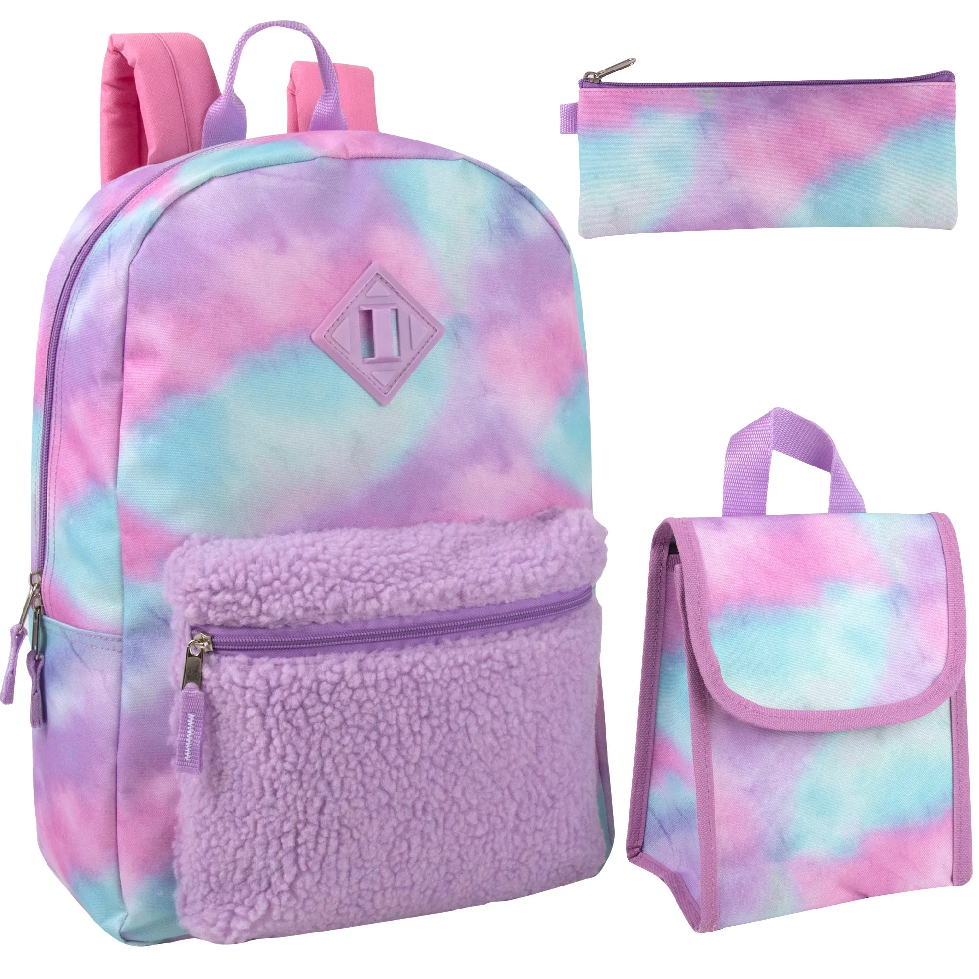 17 Inch Printed Backpack with Matching Pencil Case & Lunch Bag - Purple Tie Dye