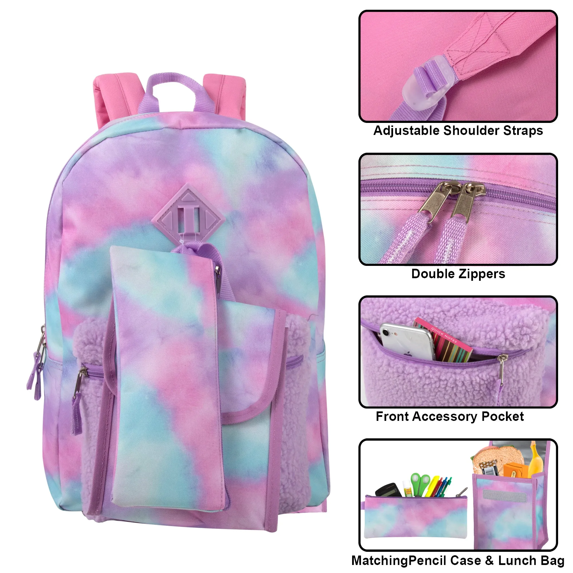 17 Inch Printed Backpack with Matching Pencil Case & Lunch Bag - Purple Tie Dye