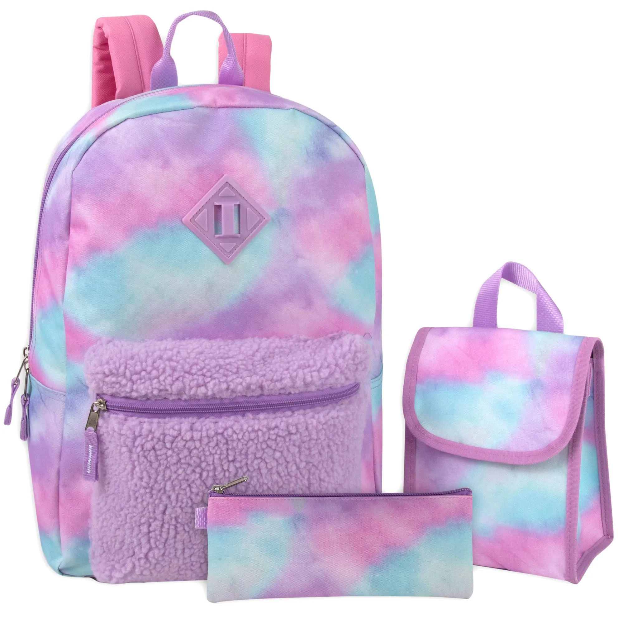 17 Inch Printed Backpack with Matching Pencil Case & Lunch Bag - Purple Tie Dye