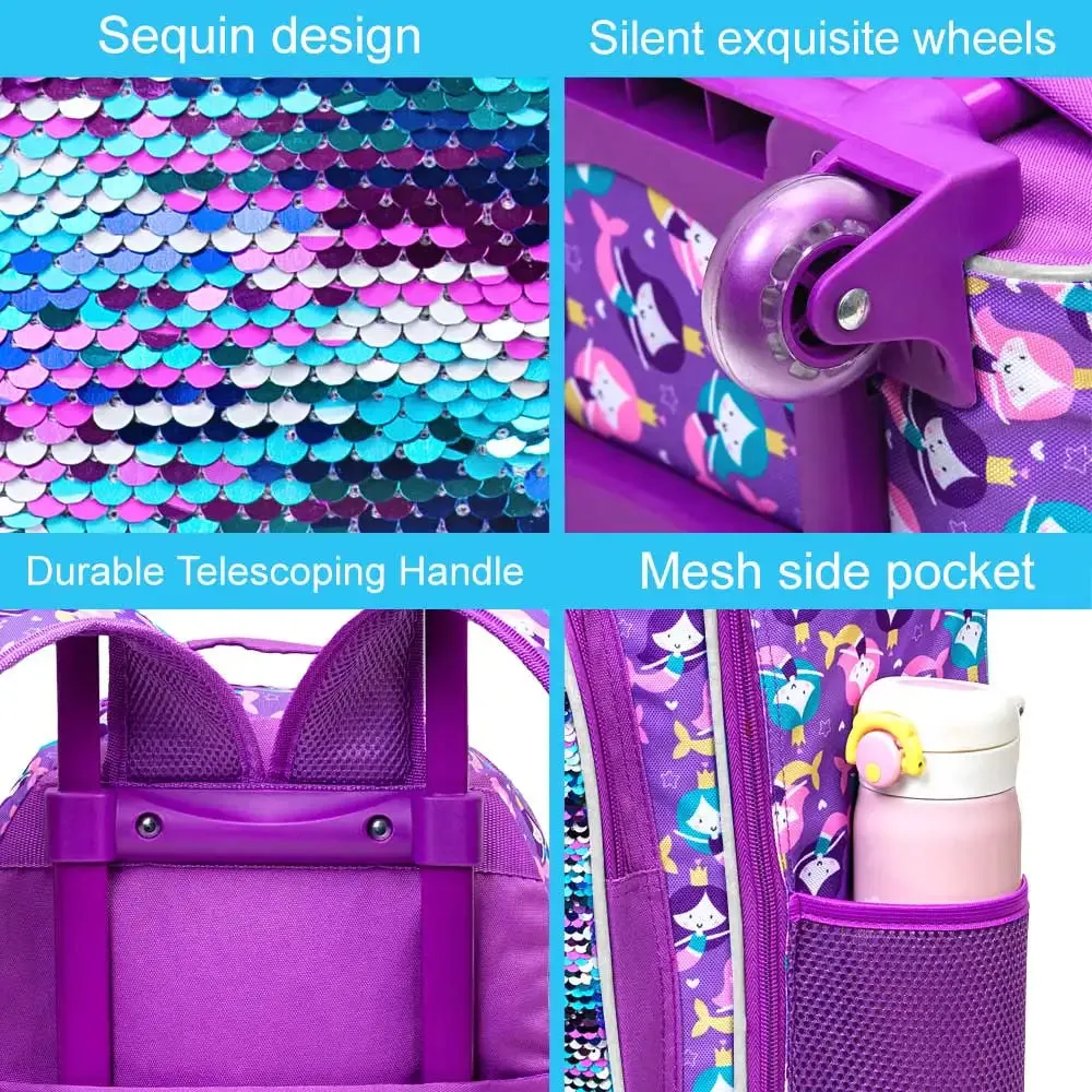 3PCS Rolling Backpack for Girls Kids Roller Wheels Bookbag with Lunch