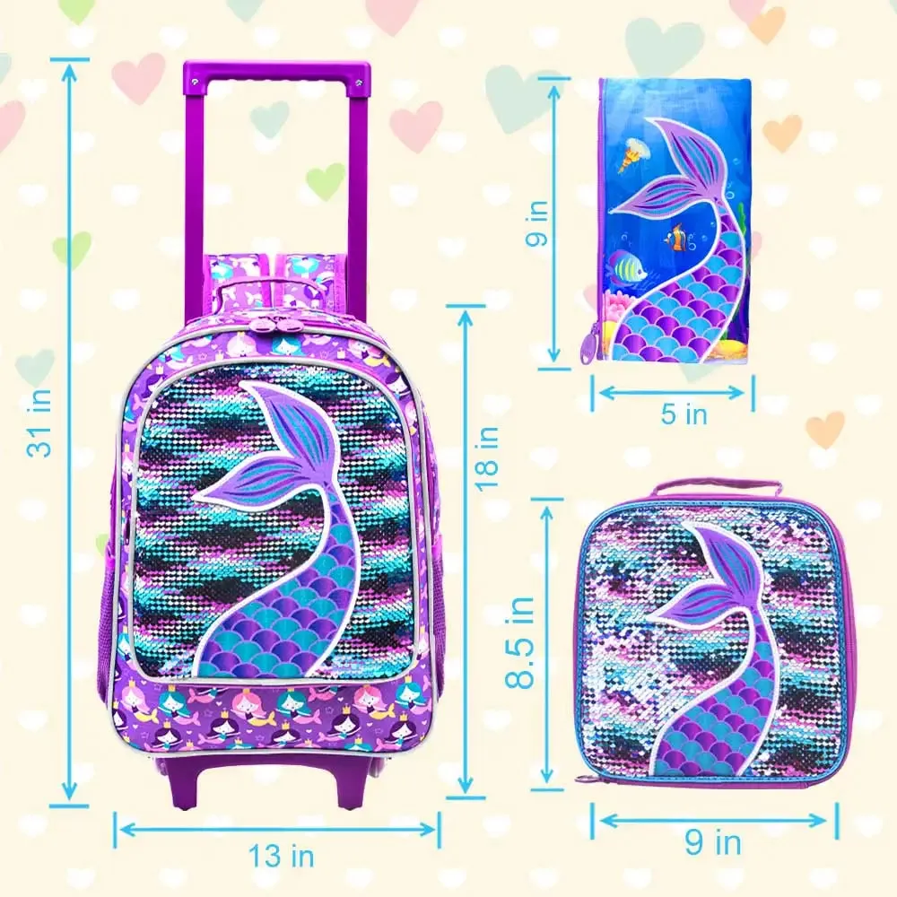 3PCS Rolling Backpack for Girls Kids Roller Wheels Bookbag with Lunch