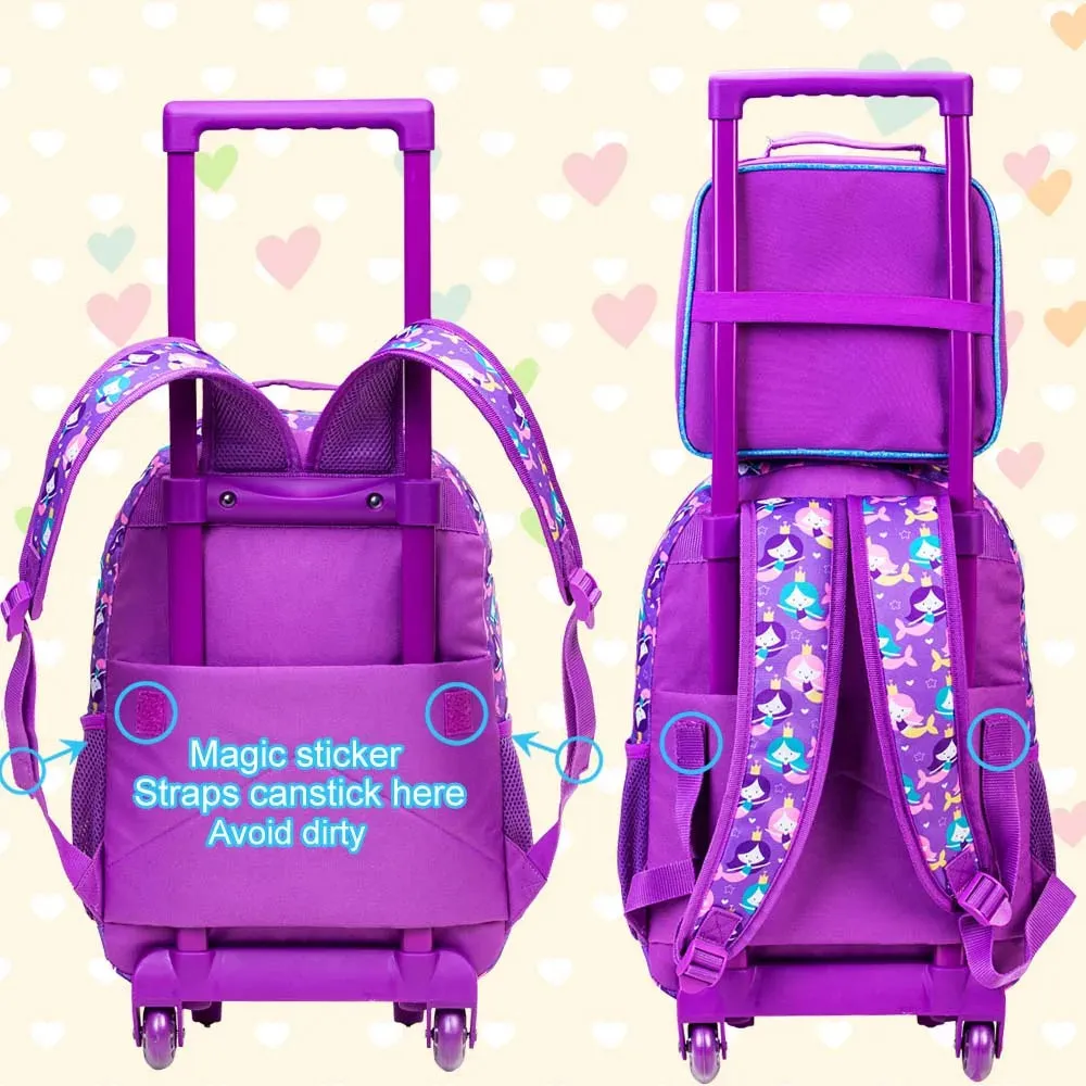 3PCS Rolling Backpack for Girls Kids Roller Wheels Bookbag with Lunch