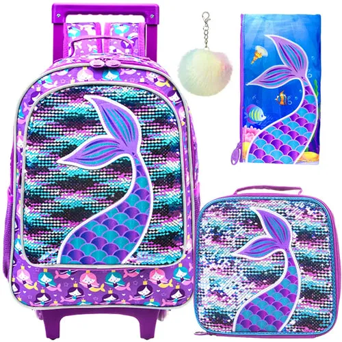 3PCS Rolling Backpack for Girls Kids Roller Wheels Bookbag with Lunch