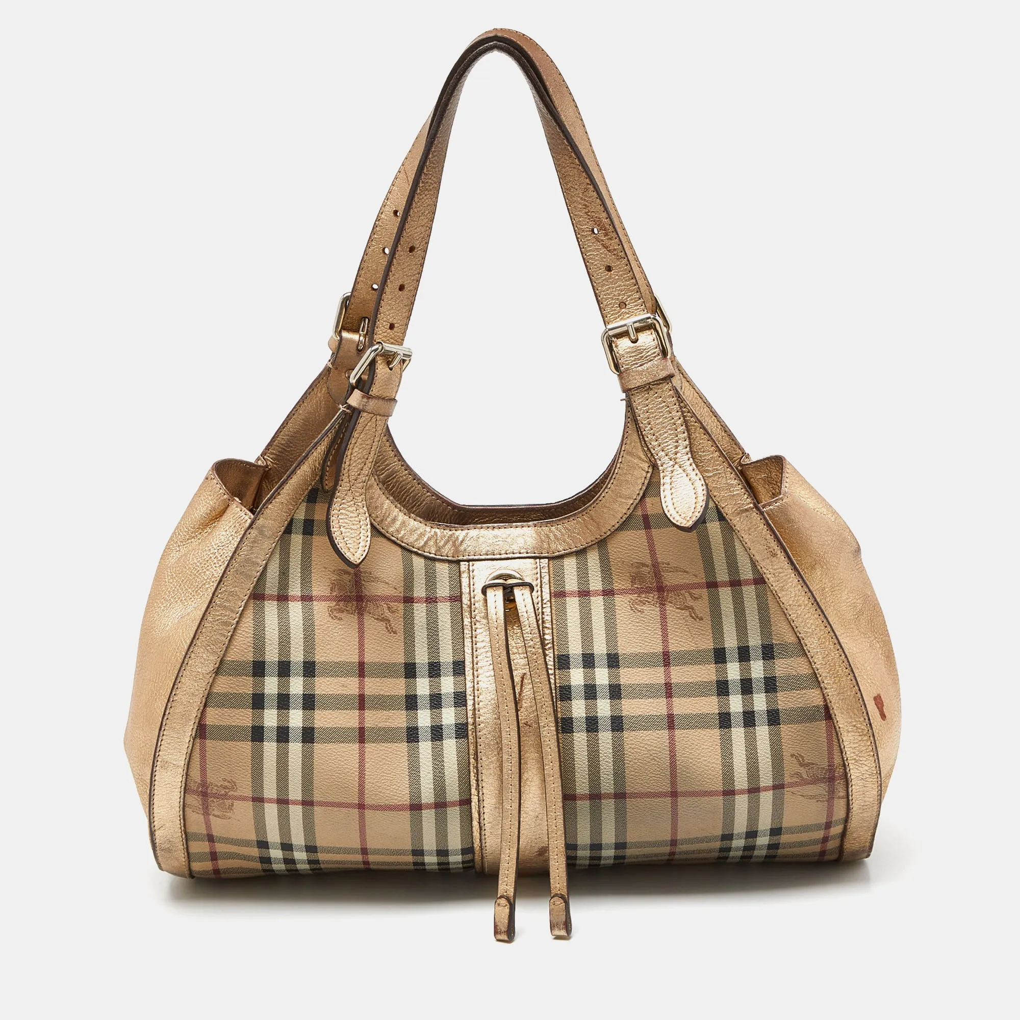 Beige/Gold Haymarket Check PVC and Leather Hobo