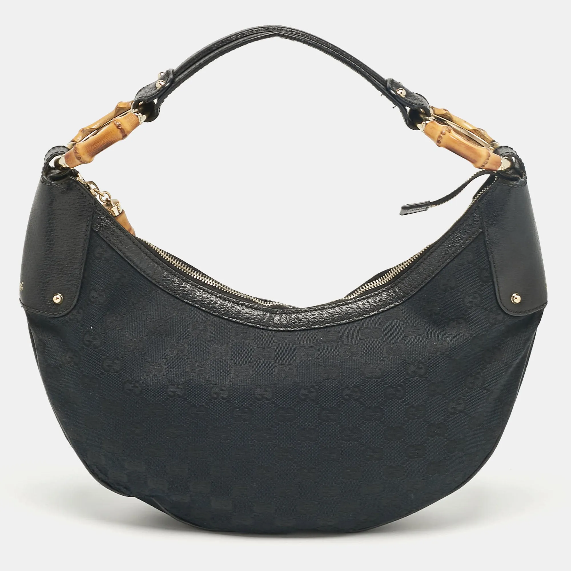 Black GG Canvas and Leather Bamboo Ring Hobo