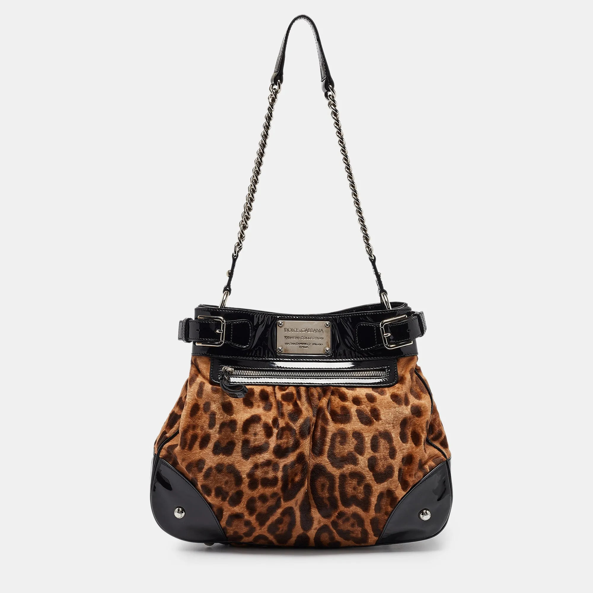 Black/Brown Leopard Calfhair and Patent Leather Miss Silky Hobo