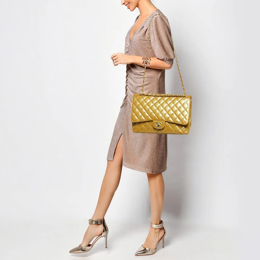 CHANEL Gold Quilted Patent Leather Maxi Classic Single Flap Bag