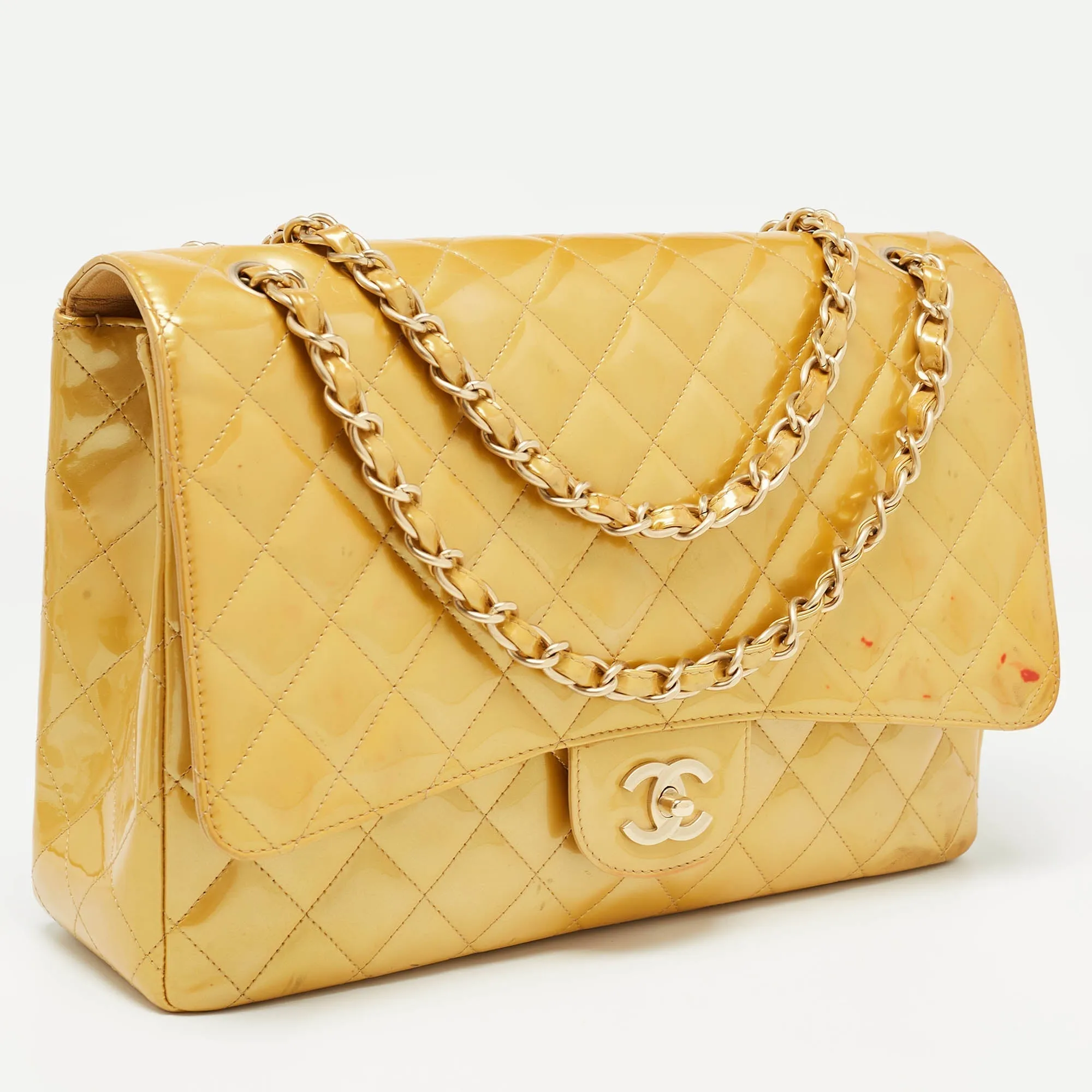 CHANEL Gold Quilted Patent Leather Maxi Classic Single Flap Bag