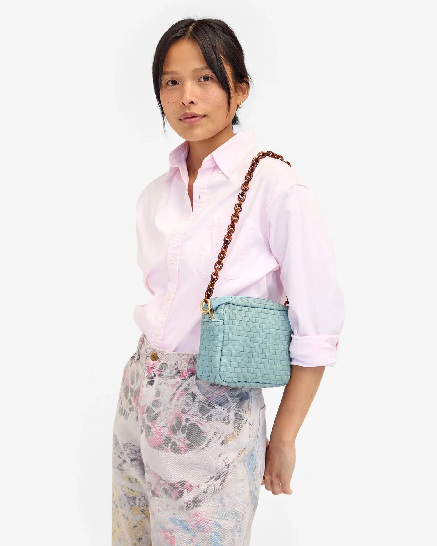 Clare V Midi Sac Woven Checker, Sunbleached Sky Blue