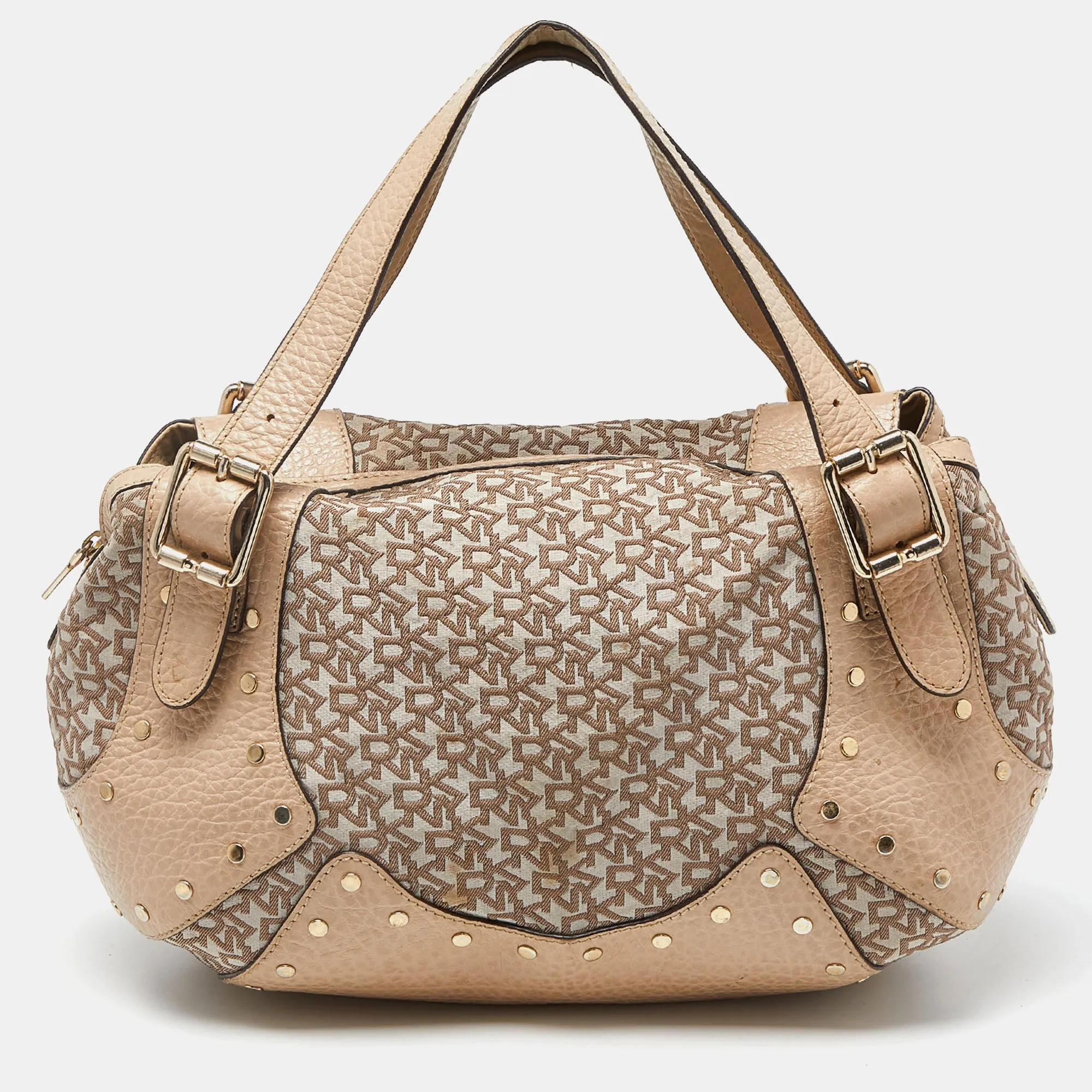 DKNY Beige Signature Canvas and Leather Studded Hobo