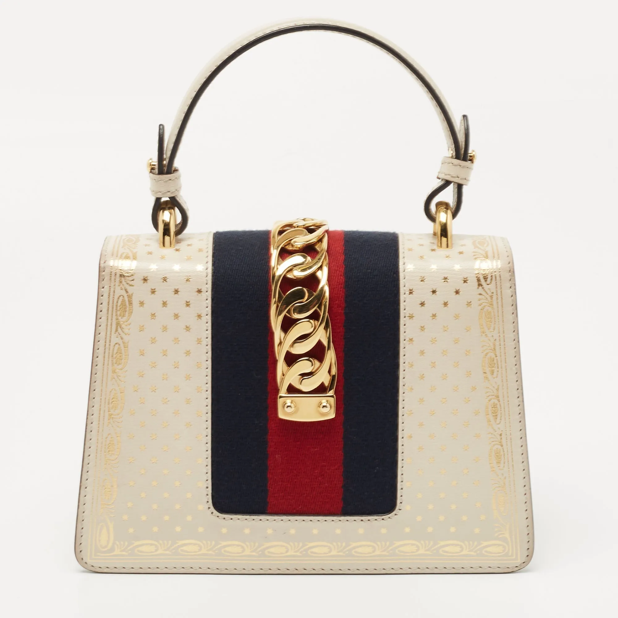 Gucci Off White Star Print Leather Mini Sylvie Top Handle Bag