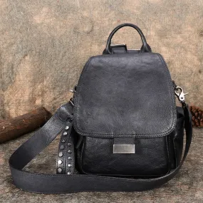 Handmade Convertible Leather Backpacks Bag Womens Best Black Gray Leather Shoulder Purse School Rucksack