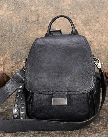 Handmade Convertible Leather Backpacks Bag Womens Best Black Gray Leather Shoulder Purse School Rucksack