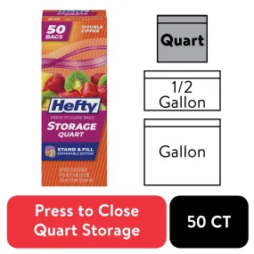 Hefty Press to Close Plastic Bags for Food Storage, Quart Size, 50 Count