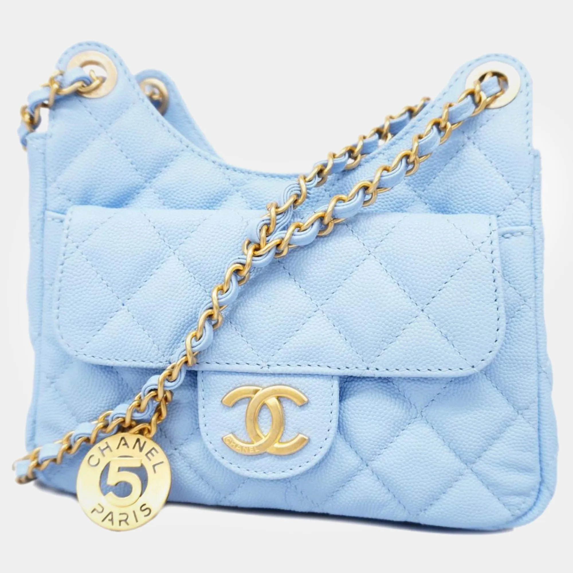 Light Blue Caviar Quilted Small Wavy CC Hobo