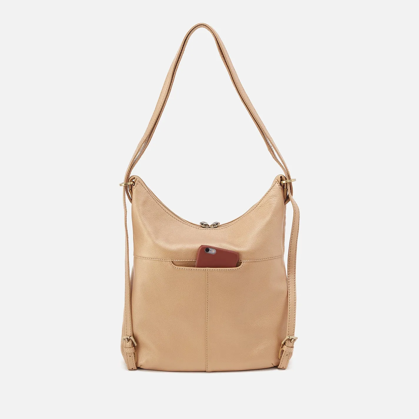 Merrin Convertible Backpack In Pebbled Metallic Leather - Dusty Gold