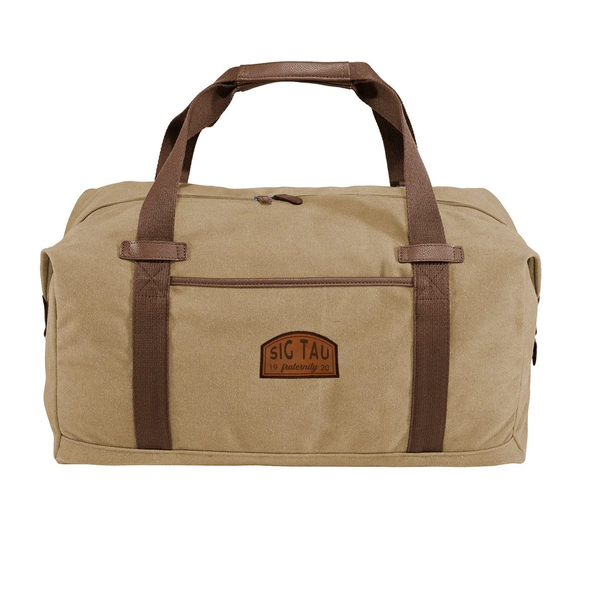 Sig Tau Khaki Canvas Duffel With Leather Patch